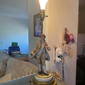 Antique Bisque Colonial Victorian Figural Table Lamp Man Holding Cup